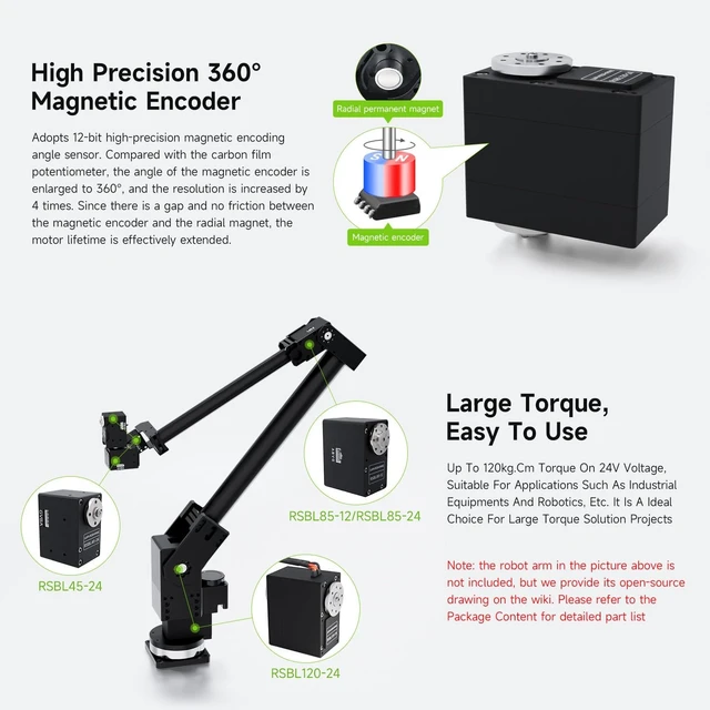 Alt view image 5 of 7 - Waveshare Servo Motor, 120kg.Cm RSBL120-24, High Precision and Large Torque, Aluminum Alloy Case, with Programmable 360° Magnetic Encoder, Multiple Operation Modes Switchable