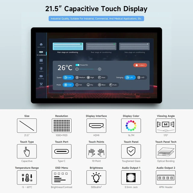 Alt view image 3 of 7 - Waveshare 21.5inch Capacitive Touch Display, Compatible with Raspberry Pi CM5 / 5 /4B/3B/Zero/Zero w, Support Jetson Nano/Windows 11/10 / 8.1/8 / 7, 1080×1920 Full HD