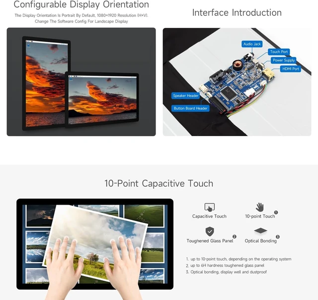 Alt view image 7 of 7 - Waveshare 21.5inch Capacitive Touch Display, Compatible with Raspberry Pi CM5 / 5 /4B/3B/Zero/Zero w, Support Jetson Nano/Windows 11/10 / 8.1/8 / 7, 1080×1920 Full HD
