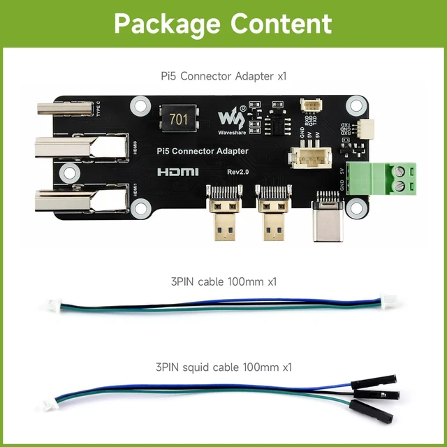 Alt view image 2 of 7 - waveshare Micro HDMI to HDMI Multifunctional Adapter, Compatible with Raspberry Pi 5/4B, Dual 4K Outputs, Power Via Type-C Port or Screw Terminal
