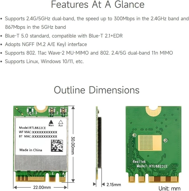 Alt view image 4 of 7 - Waveshare RTL8822CE Wireless NIC, 2.4G/5GHz Dual-Band WiFi 5, BLT 5.0, High Speed and Low Latency, RTL8822CE-CG Core, High Speed Wireless Card, Compatible with Linux, Windows 10/11, etc.