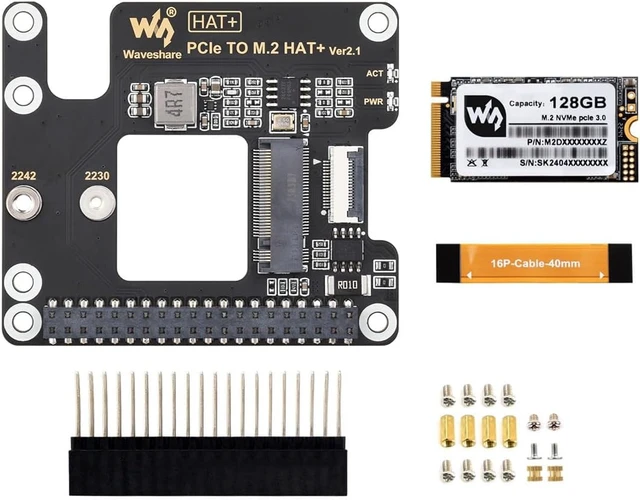 Main image of Waveshare PCIe to M.2 Adapter for Raspberry Pi 5, Supports NVMe Protocol M.2 Solid State Drive, High-Speed Reading/Writing, HAT + Standard, Comes with SK-NVME 2242 128G Solid State Drive