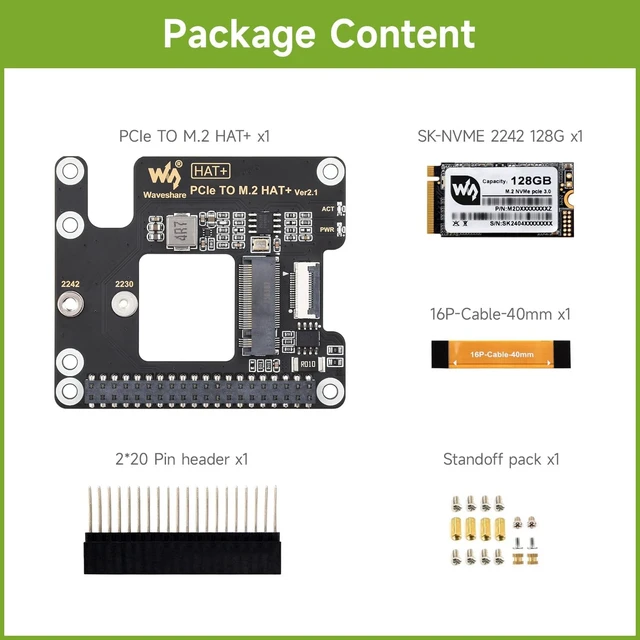 Alt view image 2 of 7 - Waveshare PCIe to M.2 Adapter for Raspberry Pi 5, Supports NVMe Protocol M.2 Solid State Drive, High-Speed Reading/Writing, HAT + Standard, Comes with SK-NVME 2242 128G Solid State Drive