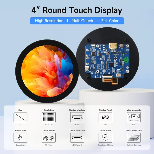 Alt view image 3 of 7 - Waveshare 4inch HDMI Round Touch Display, 720 × 720 Resolution, IPS, 10-Point Touch, Compatible with Raspberry Pi 5/4B/3B+/3A+/2B/B+/A+/Zero/Zero W/WH/Zero 2W, Compatible with Jetson Nano and Mini PC