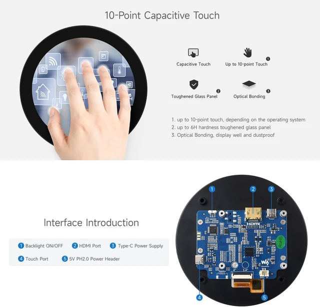 Alt view image 7 of 7 - Waveshare 4inch HDMI Round Touch Display, 720 × 720 Resolution, IPS, 10-Point Touch, Compatible with Raspberry Pi 5/4B/3B+/3A+/2B/B+/A+/Zero/Zero W/WH/Zero 2W, Compatible with Jetson Nano and Mini PC