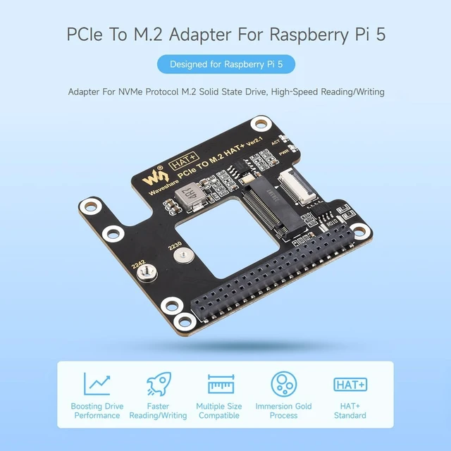 Alt view image 3 of 7 - Waveshare PCIe to M.2 Adapter for Raspberry Pi 5, Supports NVMe Protocol M.2 Solid State Drive, High-Speed Reading/Writing, HAT + Standard