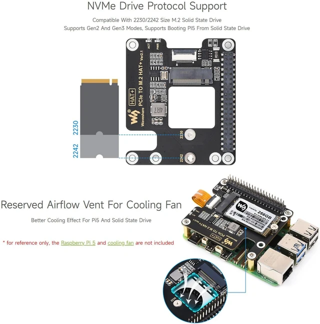 Alt view image 5 of 7 - Waveshare PCIe to M.2 Adapter for Raspberry Pi 5, Supports NVMe Protocol M.2 Solid State Drive, High-Speed Reading/Writing, HAT + Standard