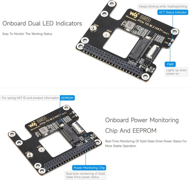 Alt view image 6 of 7 - Waveshare PCIe to M.2 Adapter for Raspberry Pi 5, Supports NVMe Protocol M.2 Solid State Drive, High-Speed Reading/Writing, HAT + Standard