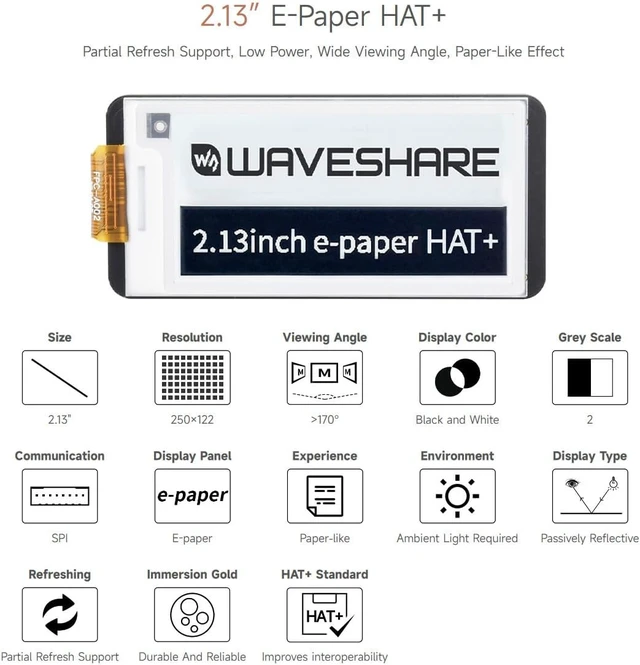 Alt view image 3 of 7 - waveshare 2.13inch E-Paper, Compatible with Raspberry Pi 5/4B/3B+/3B/ and Zero Series Boards, E-Ink Screen for Pwnagotchi Kit, SPI Interface, HAT+ Standard
