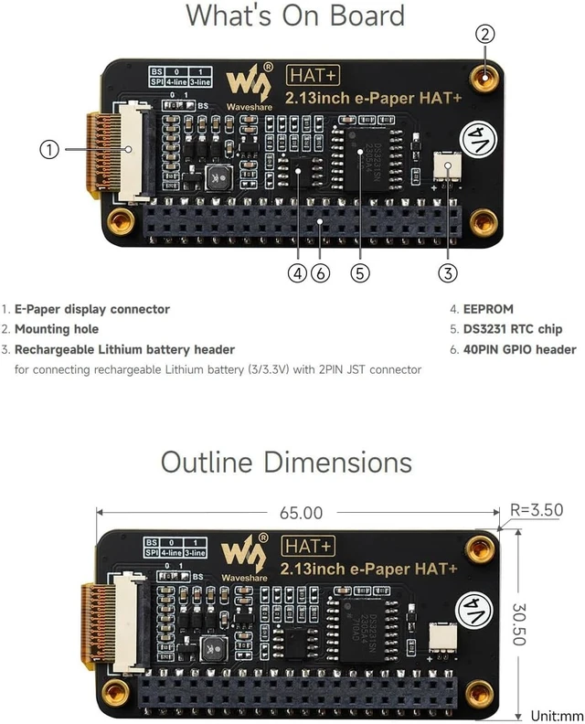 Alt view image 7 of 7 - waveshare 2.13inch E-Paper, Compatible with Raspberry Pi 5/4B/3B+/3B/ and Zero Series Boards, E-Ink Screen for Pwnagotchi Kit, SPI Interface, HAT+ Standard