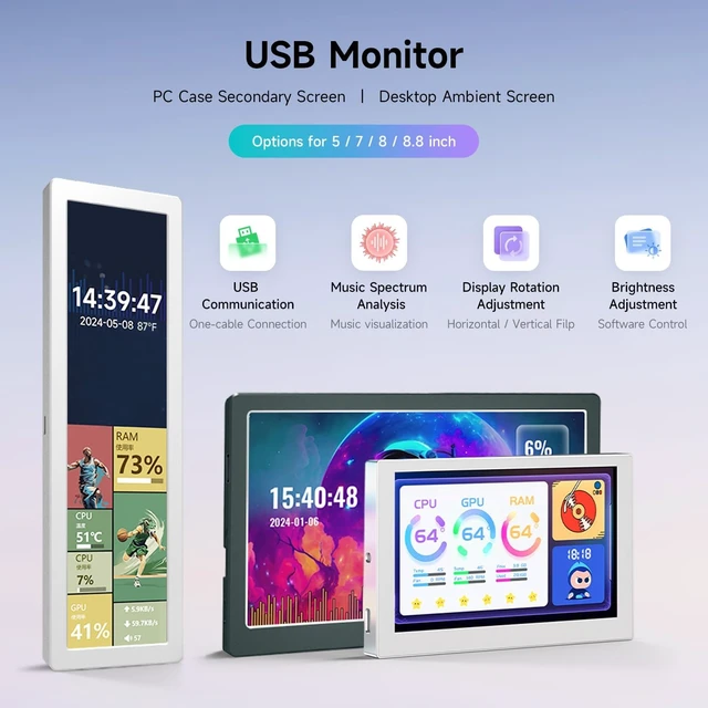 Alt view image 3 of 7 - waveshare 7inch USB Monitor, PC Case Secondary Screen/Desktop RGB Ambient Screen, IPS Panel, 1024×600 Resolution, with Music Spectrum Analysis Function, Type-C Interface, CNC Metal Case, Black
