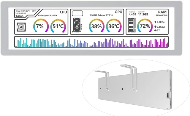 Main image of waveshare 8.8 inch USB Monitor, 1920 x 480 Resolution,PC Case Secondary Screen/Desktop RGB Ambient Screen, IPS Panel, with Music Spectrum Analysis Function, Type-C Interface, CNC Metal Case, Silver