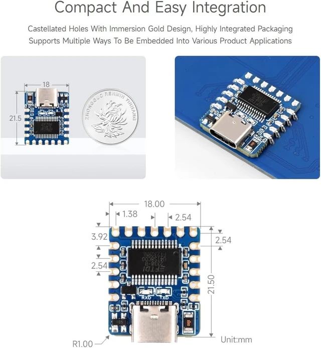 Alt view image 5 of 6 - Waveshare USB to UART (TTL) Mini Communication Module, Compact Size, Over-Current/Over-Voltage Protection, Multi Systems Support, TTL Serial Converter, USB to TTL Converter, with pre-soldered Header