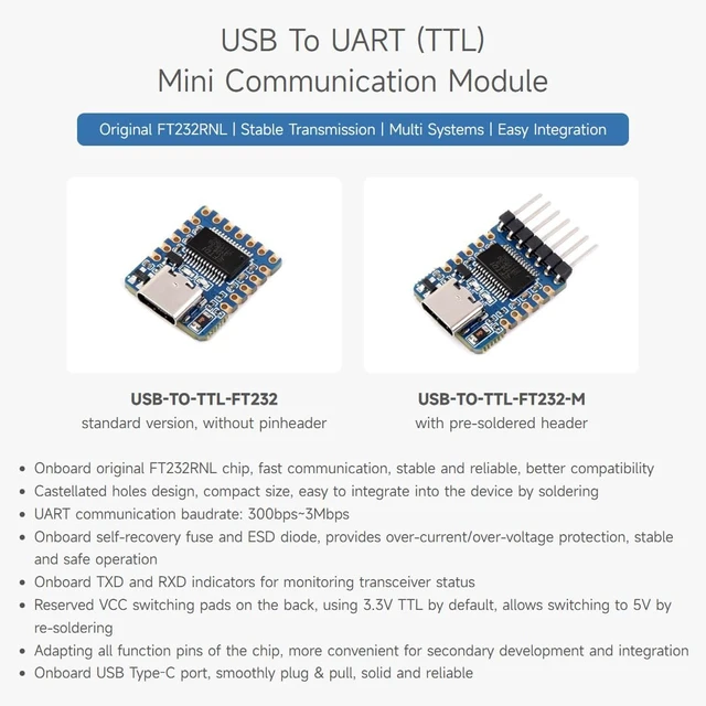 Alt view image 3 of 6 - Waveshare USB to UART (TTL) Mini Communication Module, Compact Size, Over-Current/Over-Voltage Protection, Multi Systems Support, TTL Serial Converter, USB to TTL Converter, with pre-soldered Header