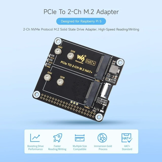 Alt view image 3 of 7 - waveshare PCIe to 2-Ch M.2 Adapter for Raspberry Pi 5, Compatible with 2230/2242 Size NVMe Solid State Drive, High-Speed Reading/Writing M.2 HAT