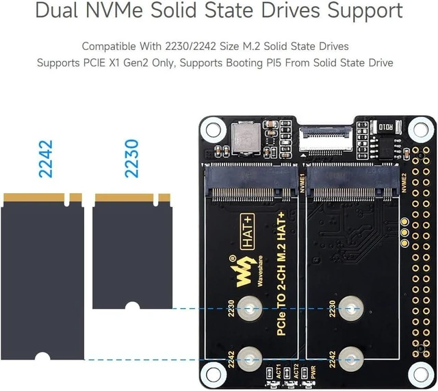 Alt view image 5 of 7 - waveshare PCIe to 2-Ch M.2 Adapter for Raspberry Pi 5, Compatible with 2230/2242 Size NVMe Solid State Drive, High-Speed Reading/Writing M.2 HAT