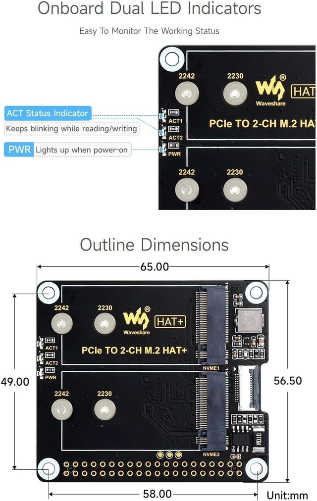 Alt view image 6 of 7 - waveshare PCIe to 2-Ch M.2 Adapter for Raspberry Pi 5, Compatible with 2230/2242 Size NVMe Solid State Drive, High-Speed Reading/Writing M.2 HAT
