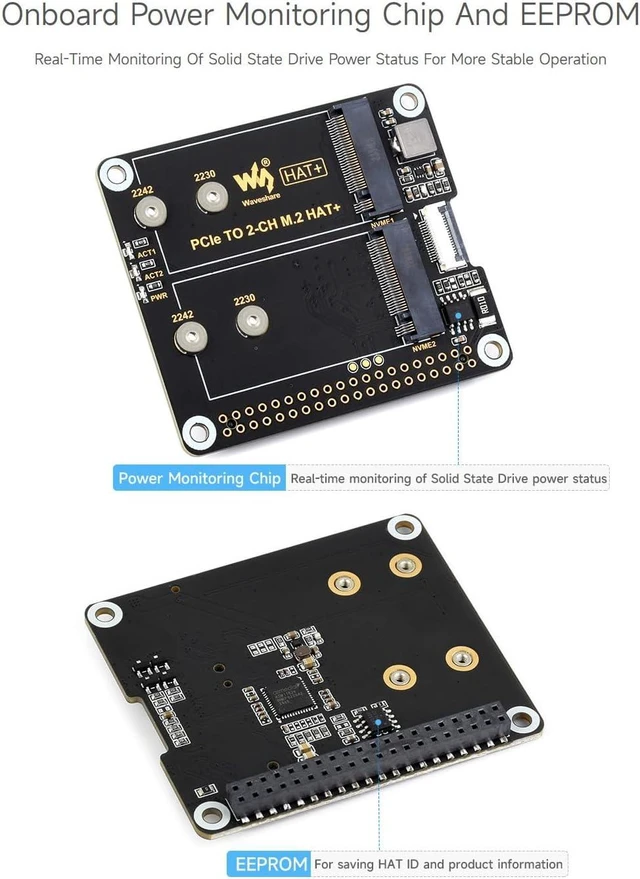 Alt view image 7 of 7 - waveshare PCIe to 2-Ch M.2 Adapter for Raspberry Pi 5, Compatible with 2230/2242 Size NVMe Solid State Drive, High-Speed Reading/Writing M.2 HAT