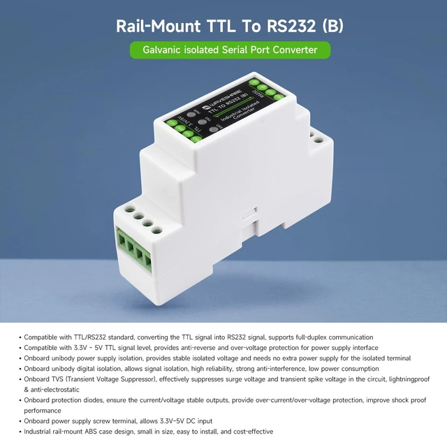 Alt view image 3 of 7 - Waveshare Rail-Mount TTL to RS232 Galvanic Isolated Converter, Full-Duplex Communication, Lightningproof & Anti-Surge, Multi-Isolation Protection, TTL Serial Converter