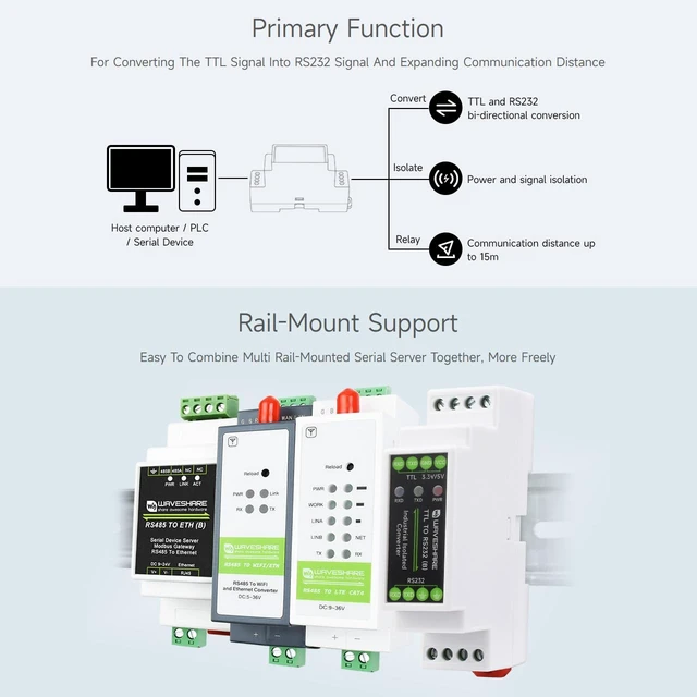 Alt view image 5 of 7 - Waveshare Rail-Mount TTL to RS232 Galvanic Isolated Converter, Full-Duplex Communication, Lightningproof & Anti-Surge, Multi-Isolation Protection, TTL Serial Converter