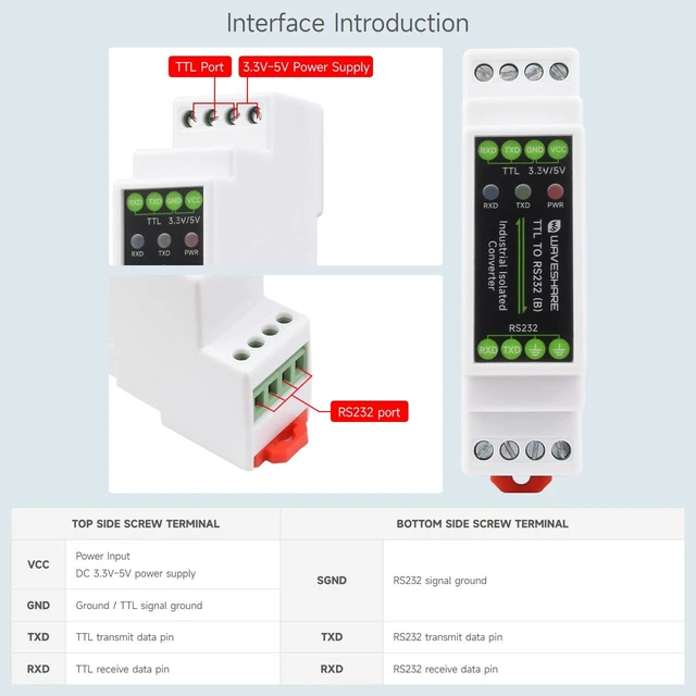 Alt view image 7 of 7 - Waveshare Rail-Mount TTL to RS232 Galvanic Isolated Converter, Full-Duplex Communication, Lightningproof & Anti-Surge, Multi-Isolation Protection, TTL Serial Converter