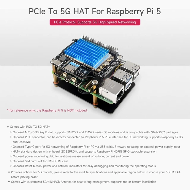 Alt view image 3 of 7 - Waveshare PCIe to 5G/4G/3G HAT Designed for Raspberry Pi 5, High-Speed Networking, Compatible with 3042/3052 Packages SIMCom/Quectel 5G Modules, Multi-OS Support, RM520N-GL 5G Module