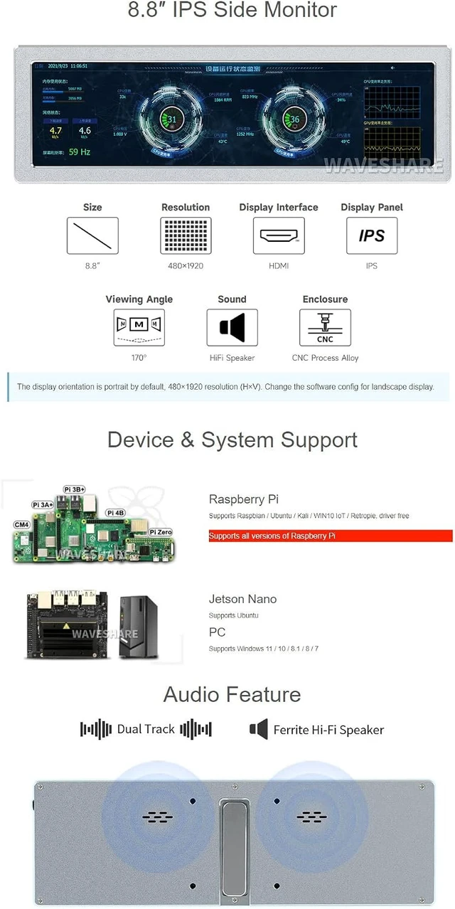 Alt view image 3 of 6 - waveshare 8.8inch HDMI Small Monitor,480×1920,Compatible with Raspberry Pi/Jetson Nano/PC,Horizontal and Vertical Screen Display,AIDA64 PC CPU GPU RAM Monitor Data Display,with HiFi Speaker