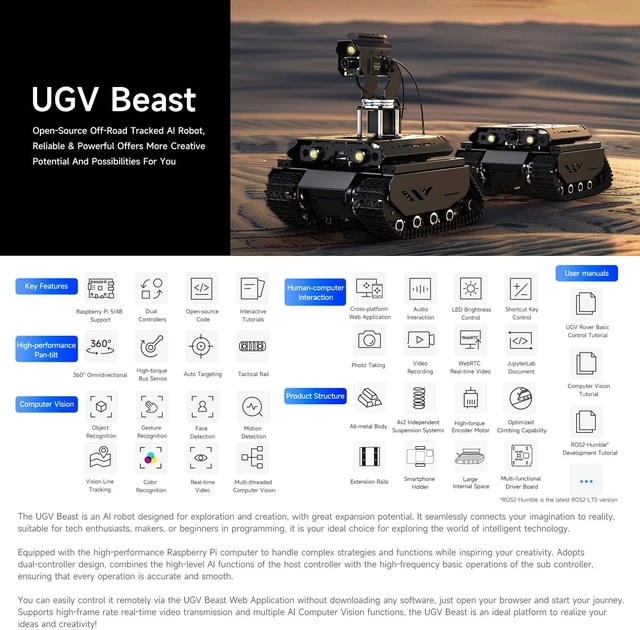 Alt view image 3 of 7 - Waveshare Open-Source Off-Road Tracked AI Robot, Compatible with Raspberry Pi 4B, Dual Controllers, Computer Vision, PI4B-4GB Included