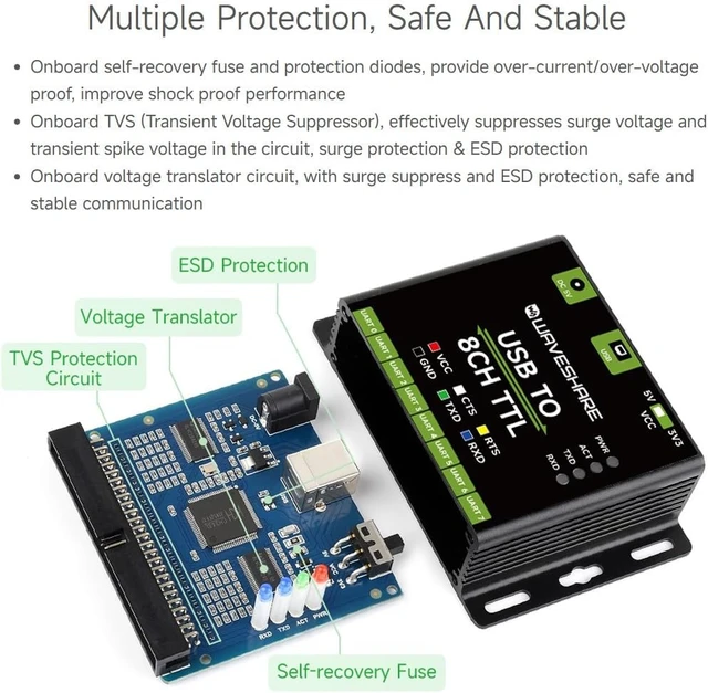 Alt view image 5 of 7 - waveshare Industrial USB to 8CH TTL Converter | USB to UART, Multi Protection Circuits, Multi Systems Support, USB To TTL Adapter