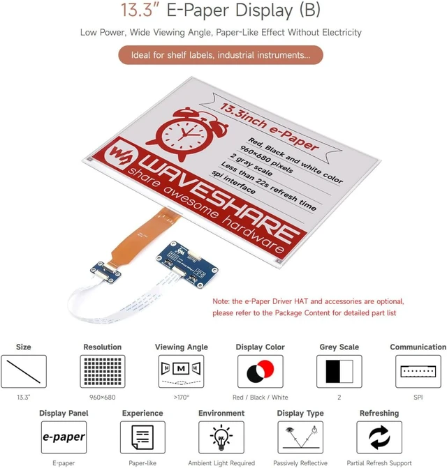 Alt view image 2 of 7 - Waveshare 13.3inch E-Paper Display (B), Compatible with Raspberry Pi 5/4B/3B+/3B/2B/B+/A+/Zero/Zero W/WH/Zero 2W Series Boards,960×680 Pixels, Red/Black/White, Raw E-Ink Display Without Driver HAT
