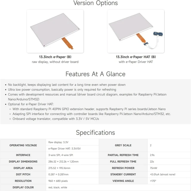 Alt view image 3 of 7 - Waveshare 13.3inch E-Paper Display (B), Compatible with Raspberry Pi 5/4B/3B+/3B/2B/B+/A+/Zero/Zero W/WH/Zero 2W Series Boards,960×680 Pixels, Red/Black/White, Raw E-Ink Display Without Driver HAT