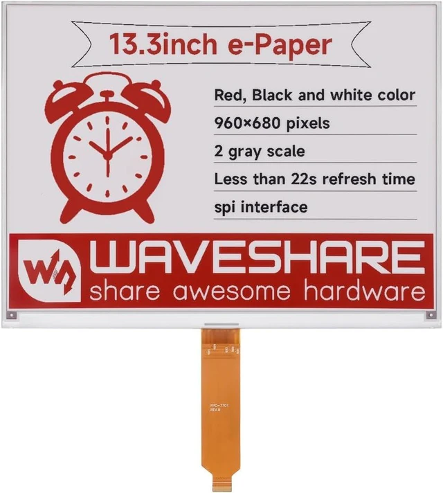 Main image of Waveshare 13.3inch E-Paper Display (B), Compatible with Raspberry Pi 5/4B/3B+/3B/2B/B+/A+/Zero/Zero W/WH/Zero 2W Series Boards,960×680 Pixels, Red/Black/White, Raw E-Ink Display Without Driver HAT