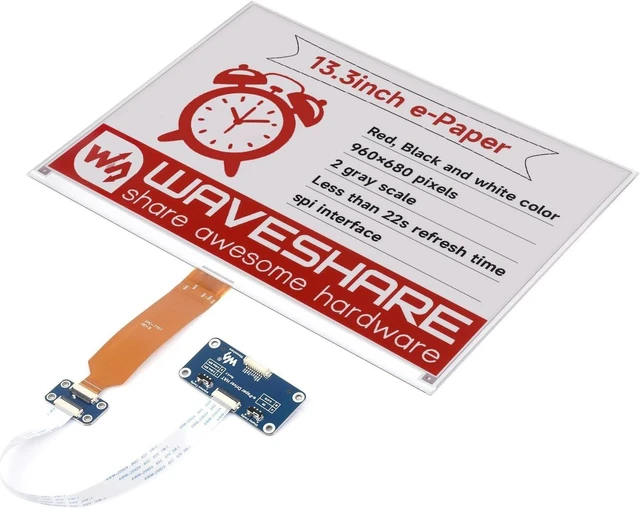Main image of Waveshare 13.3inch E-Paper Display (B), Compatible with Raspberry Pi 5/4B/3B+/3B/2B/B+/A+/Zero/Zero W/WH/Zero 2W Series Boards,960×680 Pixels, Red/Black/White, E-Ink Display with Driver HAT