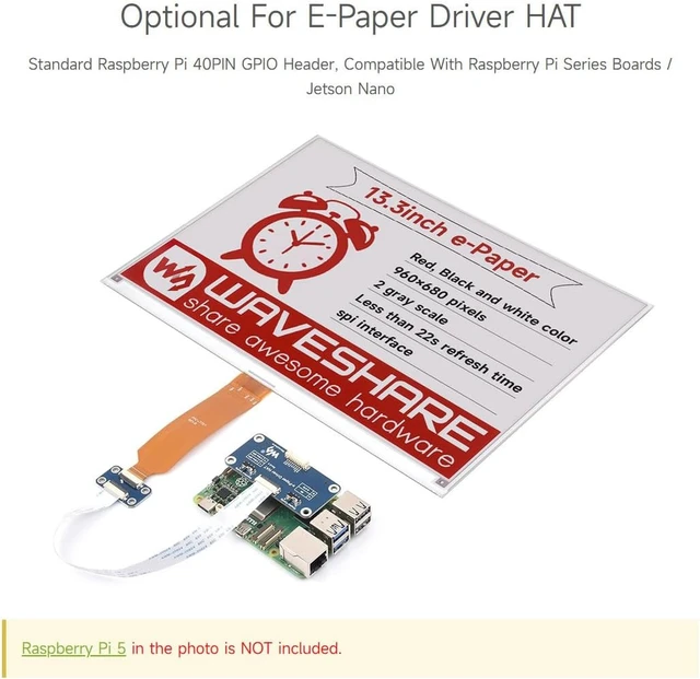 Alt view image 5 of 7 - Waveshare 13.3inch E-Paper Display (B), Compatible with Raspberry Pi 5/4B/3B+/3B/2B/B+/A+/Zero/Zero W/WH/Zero 2W Series Boards,960×680 Pixels, Red/Black/White, Raw E-Ink Display Without Driver HAT