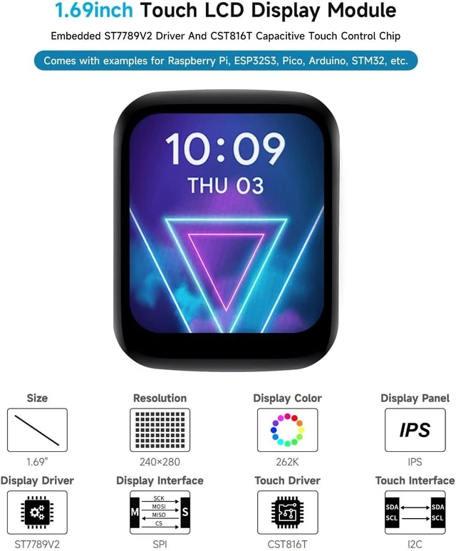 Alt view image 3 of 7 - Waveshare 1.69inch Round LCD, Compatible with Raspberry Pi 5, Display Module with Touch Panel, Micro LCD Display, 240×280 Resolution, IPS, SPI and I2C Communication, 262K Display Color