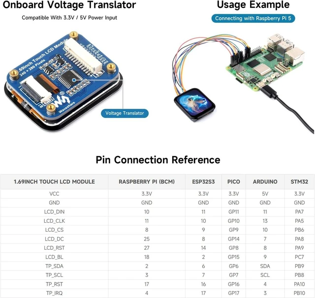 Alt view image 6 of 7 - Waveshare 1.69inch Round LCD, Compatible with Raspberry Pi 5, Display Module with Touch Panel, Micro LCD Display, 240×280 Resolution, IPS, SPI and I2C Communication, 262K Display Color
