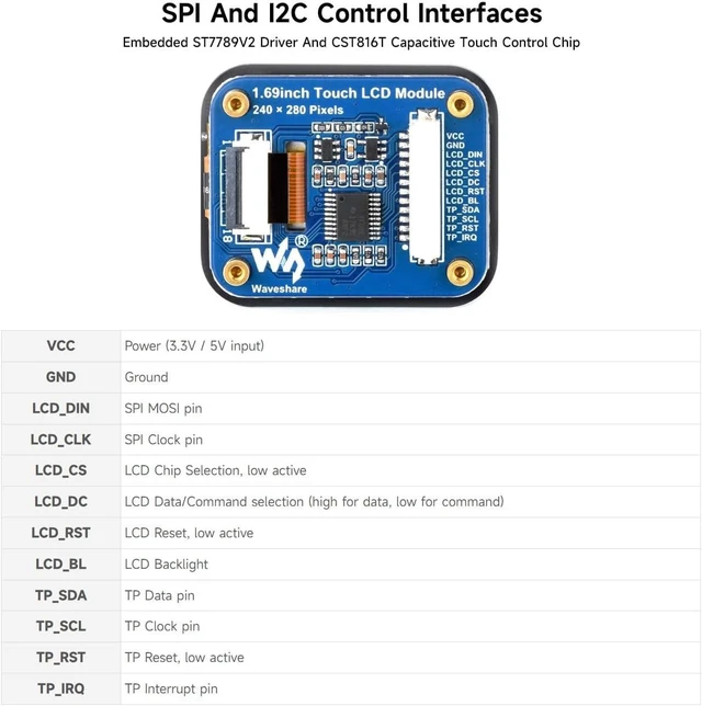 Alt view image 5 of 7 - Waveshare 1.69inch Round LCD, Compatible with Raspberry Pi 5, Display Module with Touch Panel, Micro LCD Display, 240×280 Resolution, IPS, SPI and I2C Communication, 262K Display Color