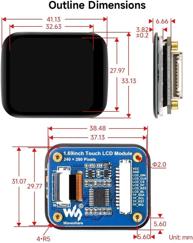 Alt view image 7 of 7 - Waveshare 1.69inch Round LCD, Compatible with Raspberry Pi 5, Display Module with Touch Panel, Micro LCD Display, 240×280 Resolution, IPS, SPI and I2C Communication, 262K Display Color