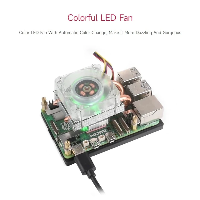 Alt view image 5 of 7 - Waveshare Low-Profile ICE Tower CPU Cooling Fan, Compatible with Raspberry Pi 5, U-Shaped Copper Tube, Cooling Fins, Cooler with Colorful RGB LED