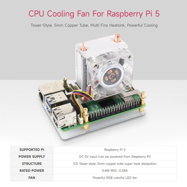 Alt view image 3 of 7 - Waveshare ICE Tower CPU Cooling Fan, Compatible with Raspberry Pi 5, U-Shaped Copper Tube, Cooling Fins, Cooler with Colorful RGB LED