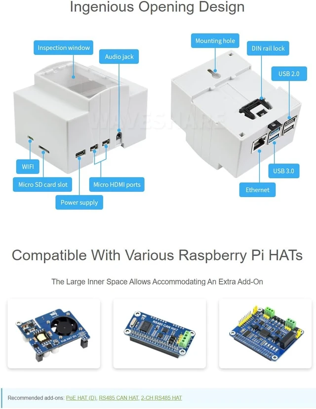 Alt view image 4 of 7 - Waveshare DIN Rail ABS Case, Compatible with Raspberry Pi 4,DIN Rail Mount Support, ABS Material, Clear Top Window, Large Inner Space