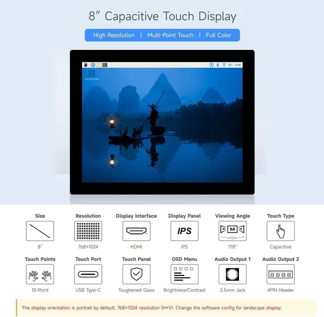 Alt view image 3 of 7 - waveshare 8inch HDMI Display Monitor, Compatible with Raspberry Pi 5, 768×1024, IPS Panel, 10-Point Touch,Supports All Vversion Raspberry Pi, Supports Windows/Jetson Nano