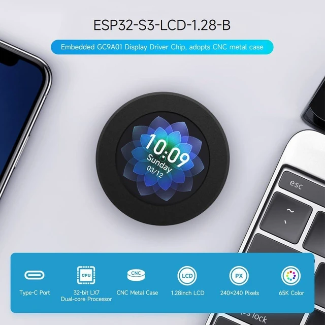 Alt view image 3 of 7 - Waveshare ESP32-S3 Development Board, 32-Bit LX7 Dual-Core Processor, Integrates GC9A01 Display Driver Chip, with 1.28inch IPS Round LCD, 240×240 Resolution, with CNC Metal Case