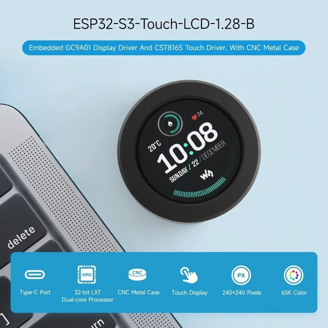 Alt view image 3 of 7 - Waveshare ESP32-S3 Development Board, with 1.28inch Round Touch LCD, Compact Size, Accelerometer and Gyroscope Sensor, Embedded GC9A01 Display Driver and CST816S Touch Driver, with CNC Metal Case