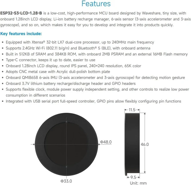Alt view image 4 of 7 - Waveshare ESP32-S3 Development Board, 32-Bit LX7 Dual-Core Processor, Integrates GC9A01 Display Driver Chip, with 1.28inch IPS Round LCD, 240×240 Resolution, with CNC Metal Case