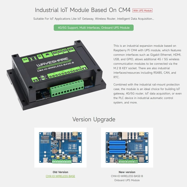Alt view image 3 of 7 - Waveshare Industrial IoT 5G/4G Wireless Expansion Module Designed for Raspberry Pi Compute Module 4, with UPS, Onboard M.2 Slot, Without 4G Module