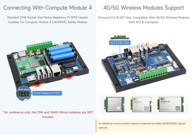 Alt view image 5 of 7 - Waveshare Industrial IoT 5G/4G Wireless Expansion Module Designed for Raspberry Pi Compute Module 4, with UPS, Onboard M.2 Slot, Without 4G Module
