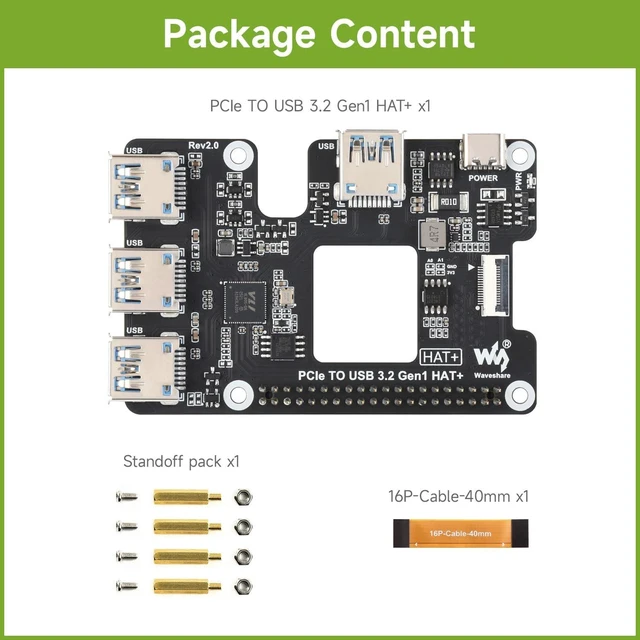 Alt view image 2 of 7 - Waveshare PCIe to USB 3.2 Gen1 HAT for Raspberry Pi 5, PCIe to USB HUB, 4X High Speed USB Ports, No Driver Required, Plug and Play, HAT + Standard