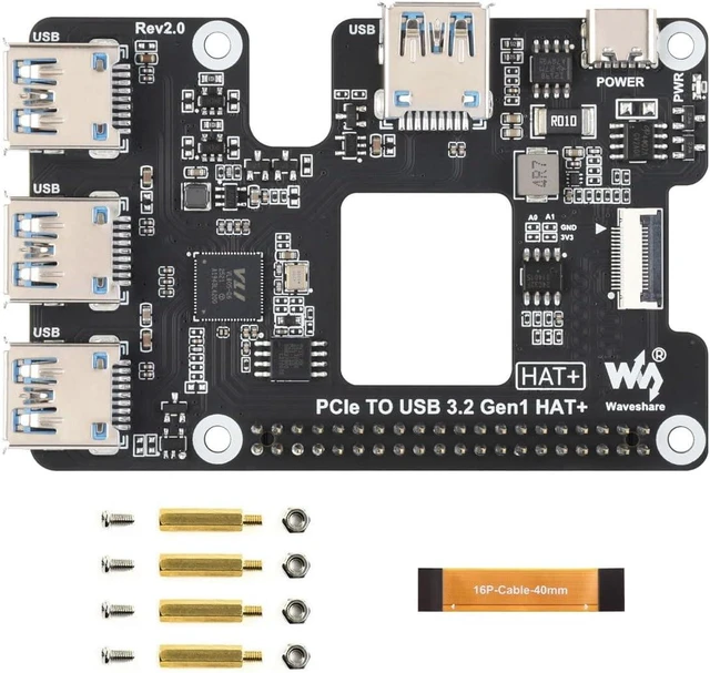 Main image of Waveshare PCIe to USB 3.2 Gen1 HAT for Raspberry Pi 5, PCIe to USB HUB, 4X High Speed USB Ports, No Driver Required, Plug and Play, HAT + Standard
