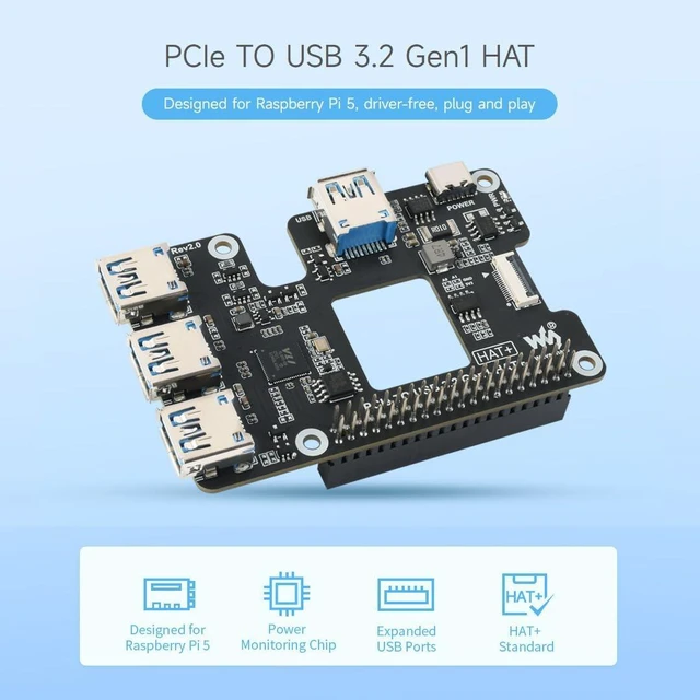 Alt view image 3 of 7 - Waveshare PCIe to USB 3.2 Gen1 HAT for Raspberry Pi 5, PCIe to USB HUB, 4X High Speed USB Ports, No Driver Required, Plug and Play, HAT + Standard